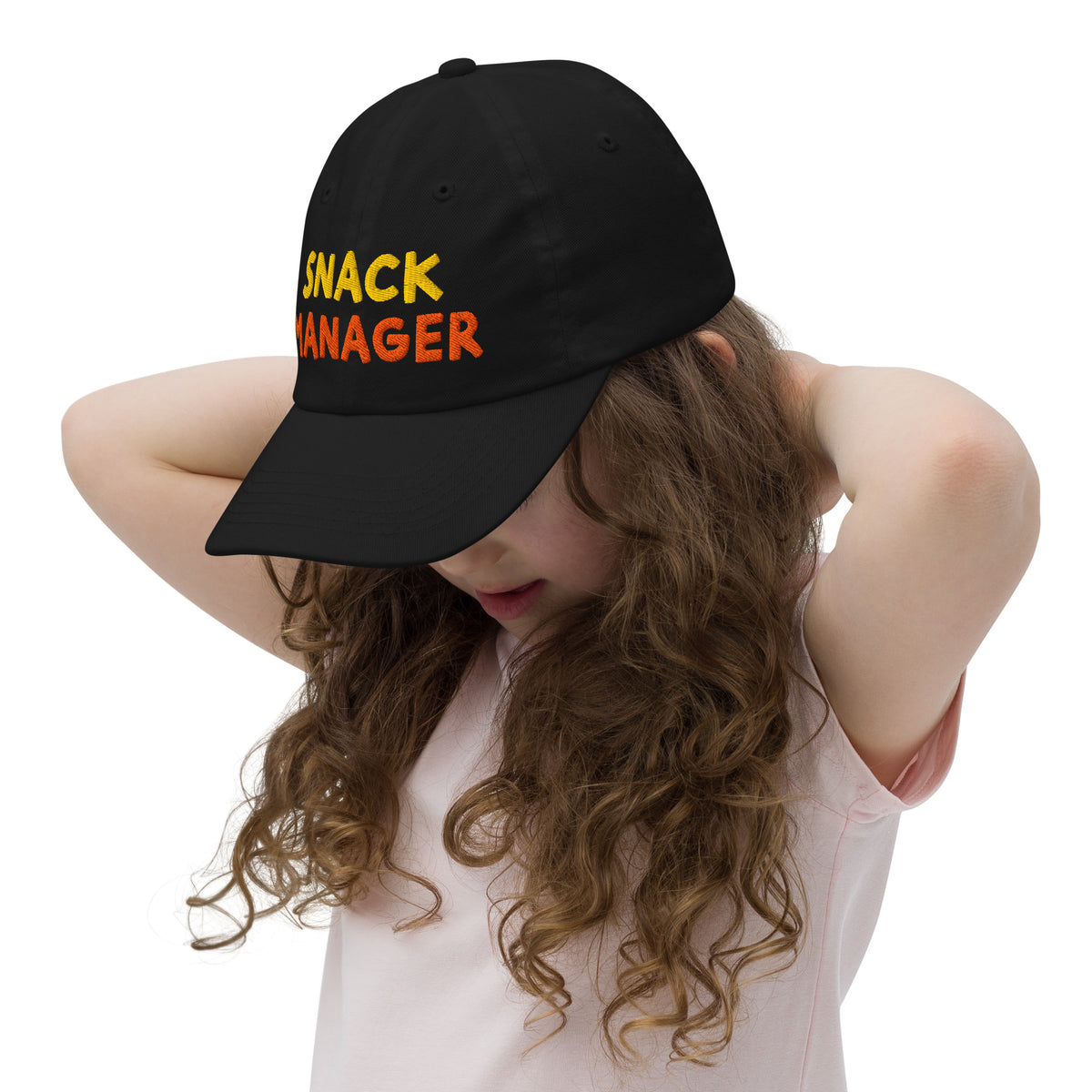 Snack Manager youth baseball cap, left side view