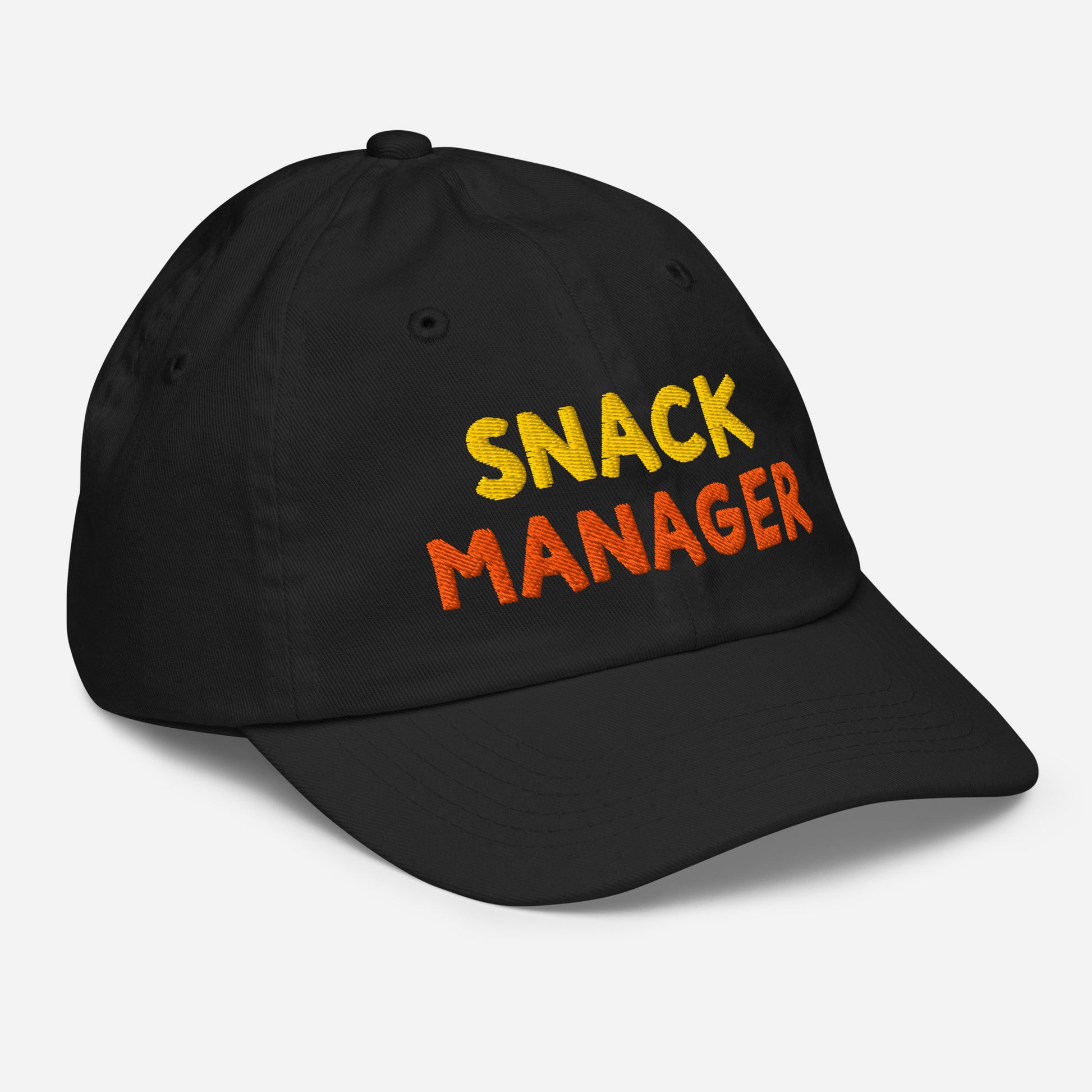 Snack Manager embroidered kids cap, angled front-right view