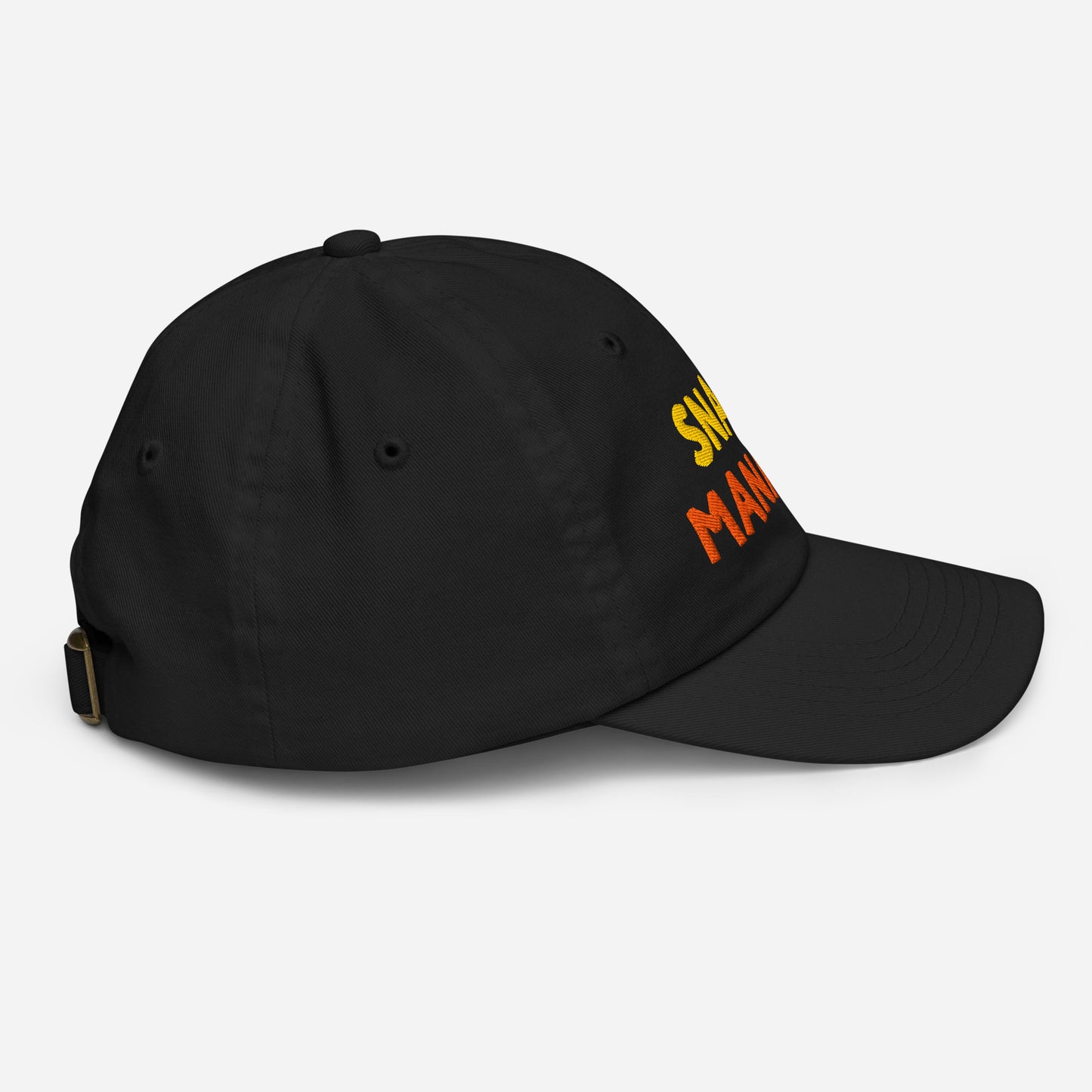 Black embroidered youth cap, right side profile