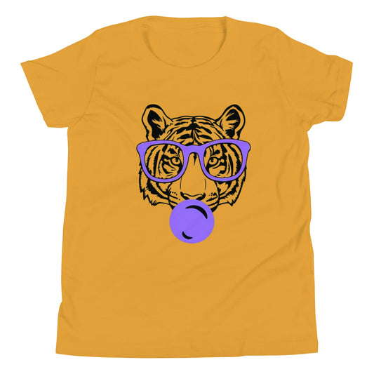 Yellow kids t-shirt with poppin tiger wearing purple glasses and blowing a bubblegum bubble design