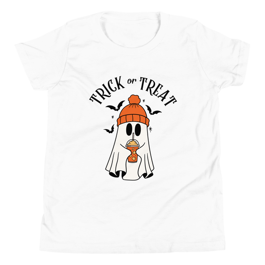 White kids Halloween tee with ghost wearing orange beanie holding pumpkin spice latte and "Trick or Treat" text