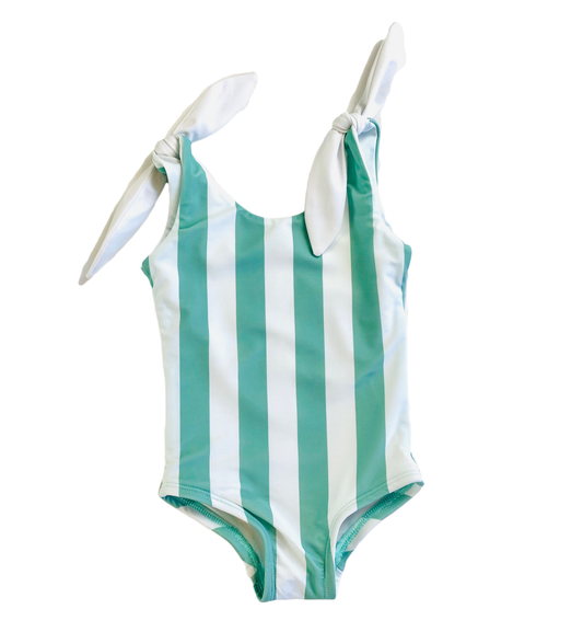 Tinsley Fixed Shoulder Tie - Green swimsuit with white accent ties and UPF 50+ protection.