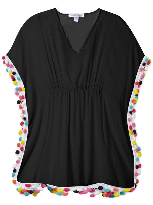 Stella Cove - black cover up poncho with multicolor pom poms for girls