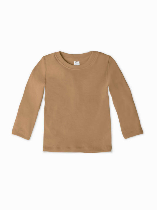 Amber long sleeve crew neck shirt with ribbed neckband and set-in sleeves.