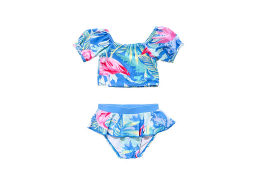 Blueberry Bay Ocean Bleau two piece swimsuit with floral design, skater skirt bottoms, and cropped rash guard top.