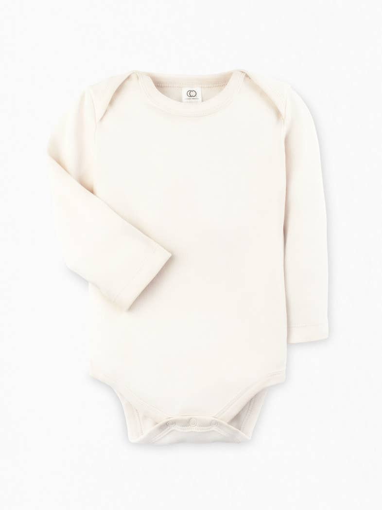 Natural long sleeve classic bodysuit made from organic cotton with nickel-free snaps and eco-friendly dyes.