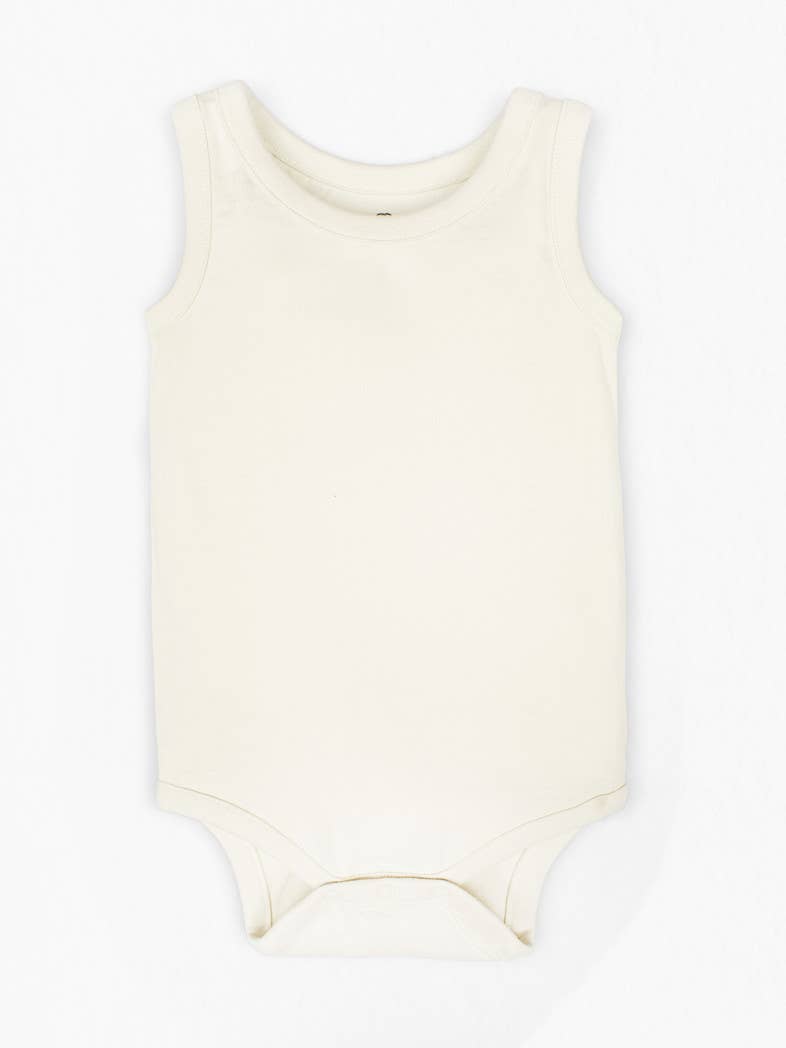 Natural Boulder Tank Bodysuit made of 100% organic cotton with nickel-free snaps, eco-friendly dyes, and GOTS certification, ideal for babies.