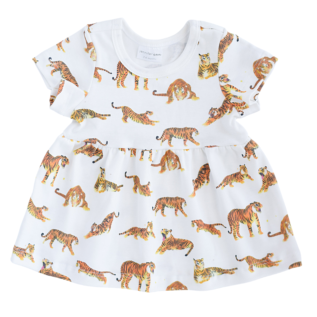 Jennifer Ann Tigers Dress for babies and toddlers with tiger print, made from organic cotton.