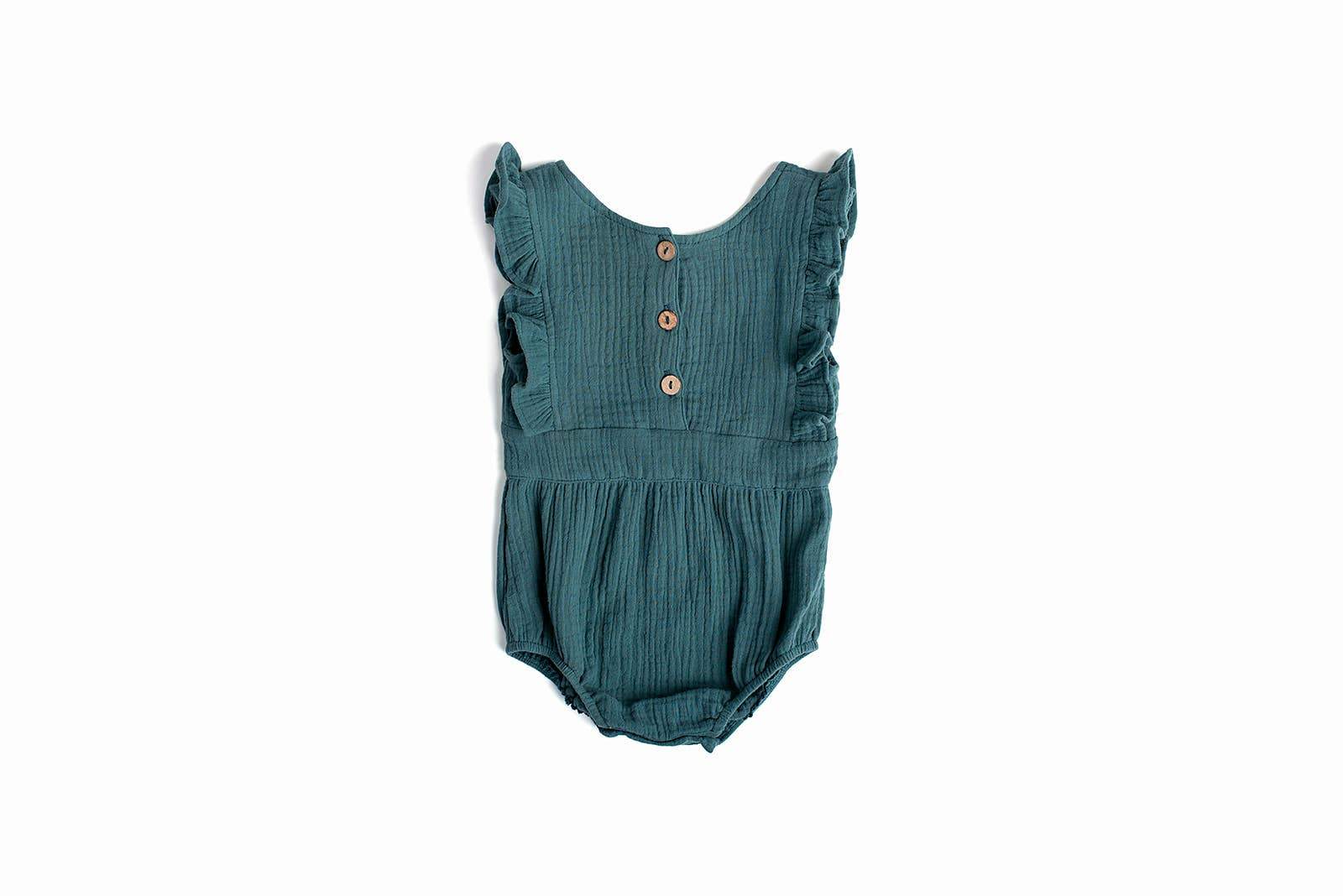 Backless cotton romper PEACOCK in teal with button details and ruffle sleeves, 100% cotton, machine washable.