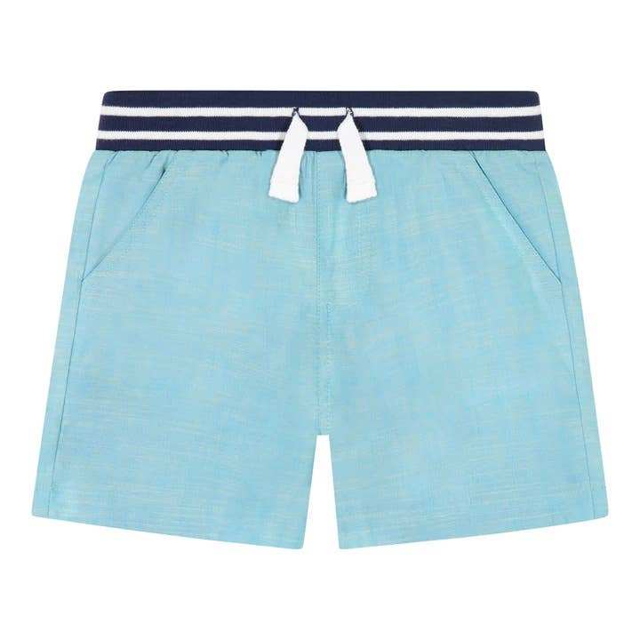 Andy & Evan Chambray Light Aqua Short for kids with striped rib waistband and side pockets.