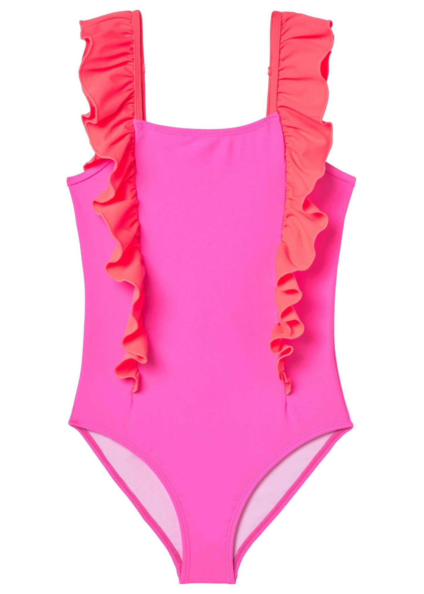 Neon pink ruffle one-piece bathing suit for girls.