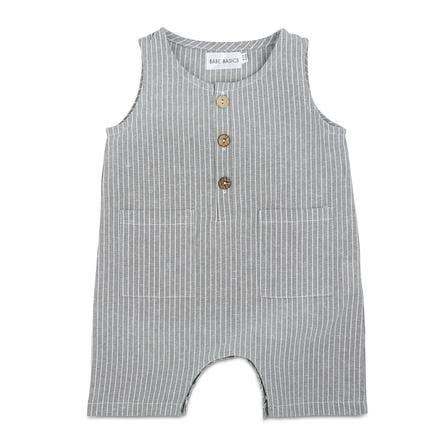 Grey and white striped sleeveless crop linen baby romper.