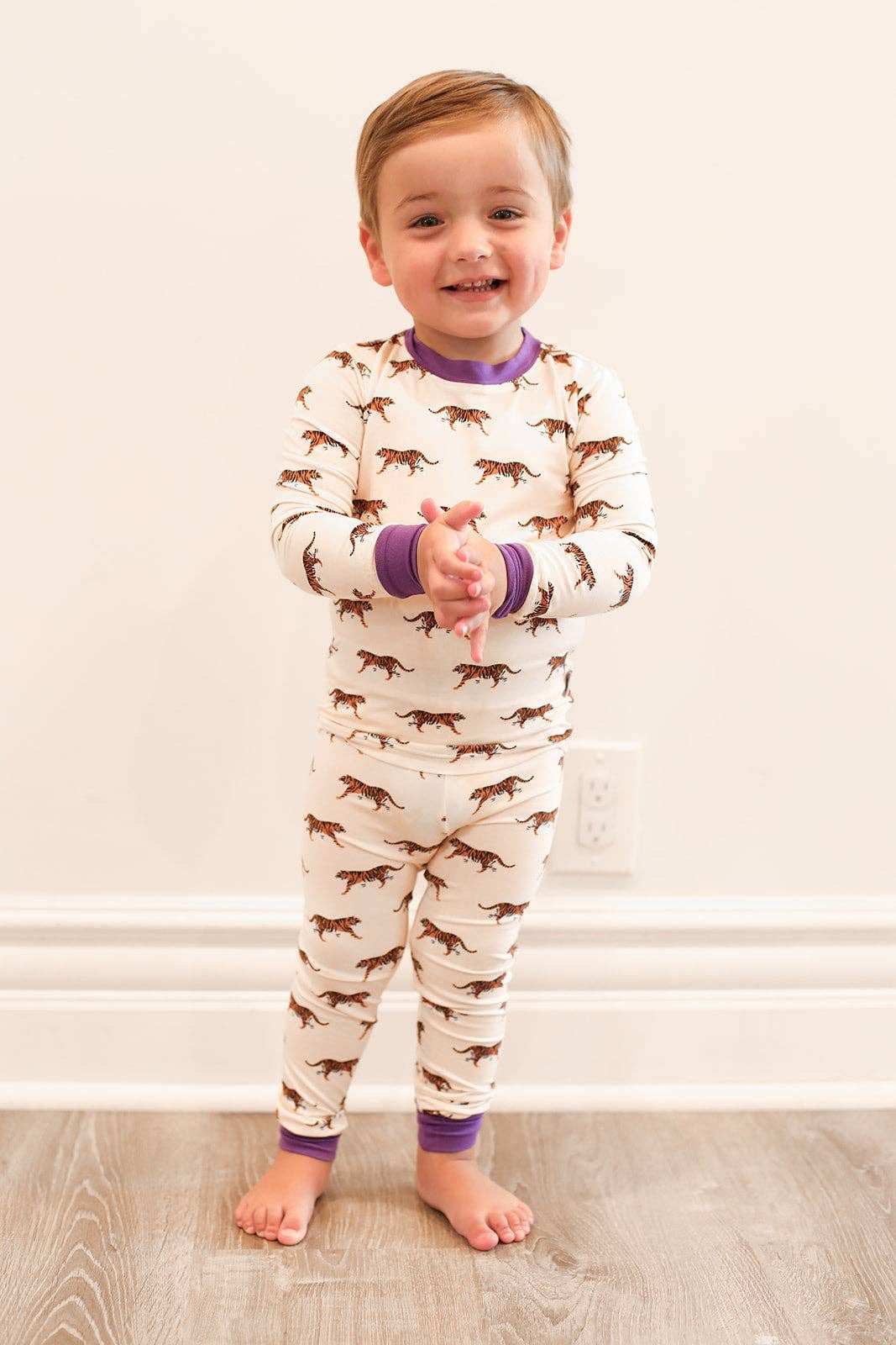 Purple tiger bamboo pajama set for kids by Southern Sleepies, long sleeves and pants, soft viscose material.