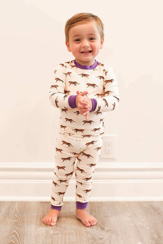 Purple tiger bamboo pajama set for kids by Southern Sleepies, long sleeves and pants, soft viscose material.