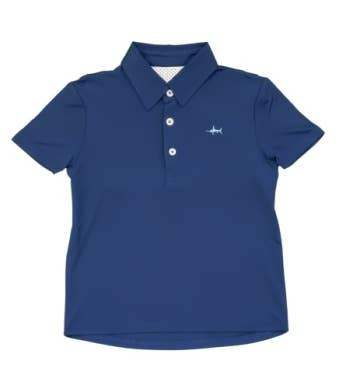 Saltwater Boys Company navy offshore fishing polo for kids with vented back and logo.