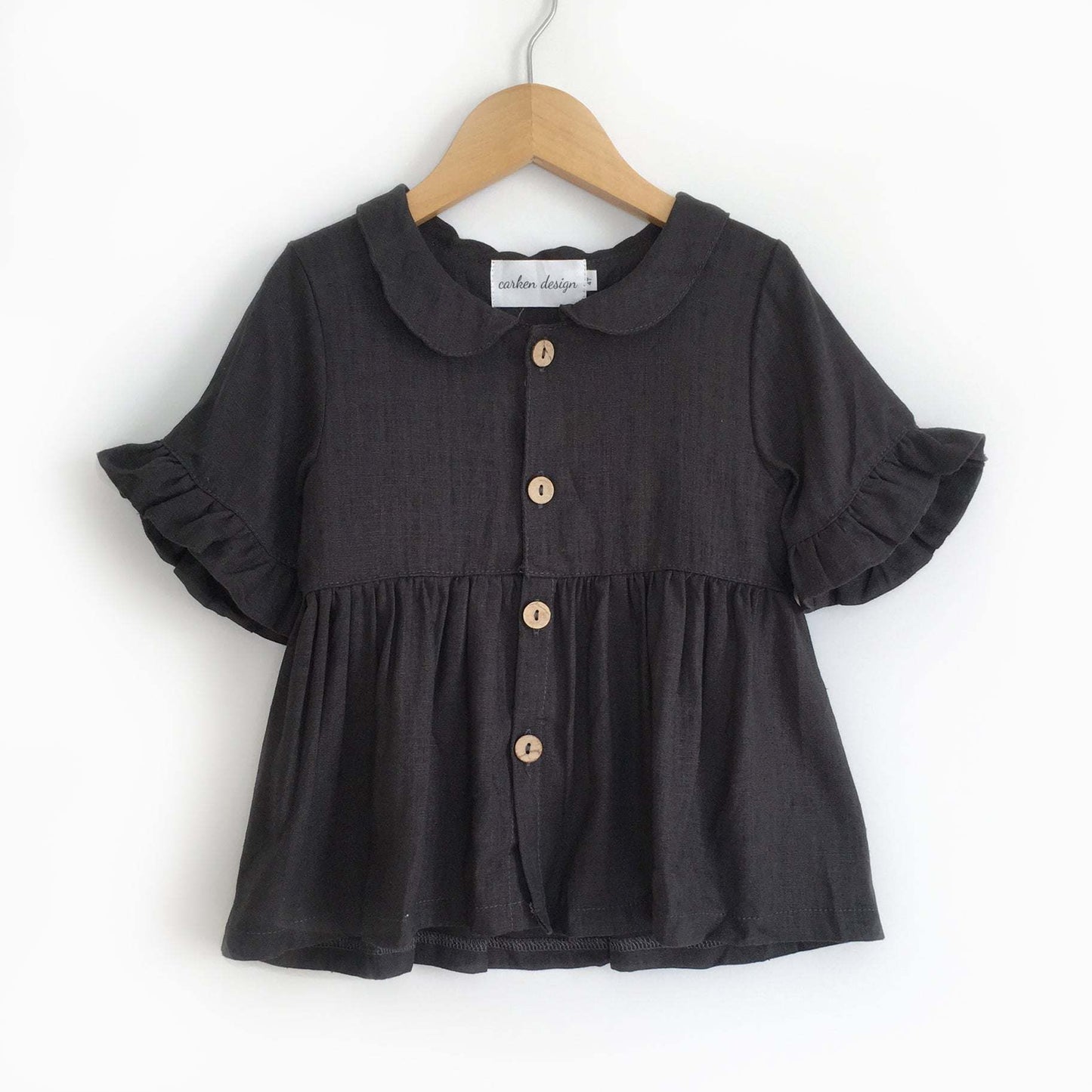 Black Linen Top with ruffles and buttons, bohemian style for girls.