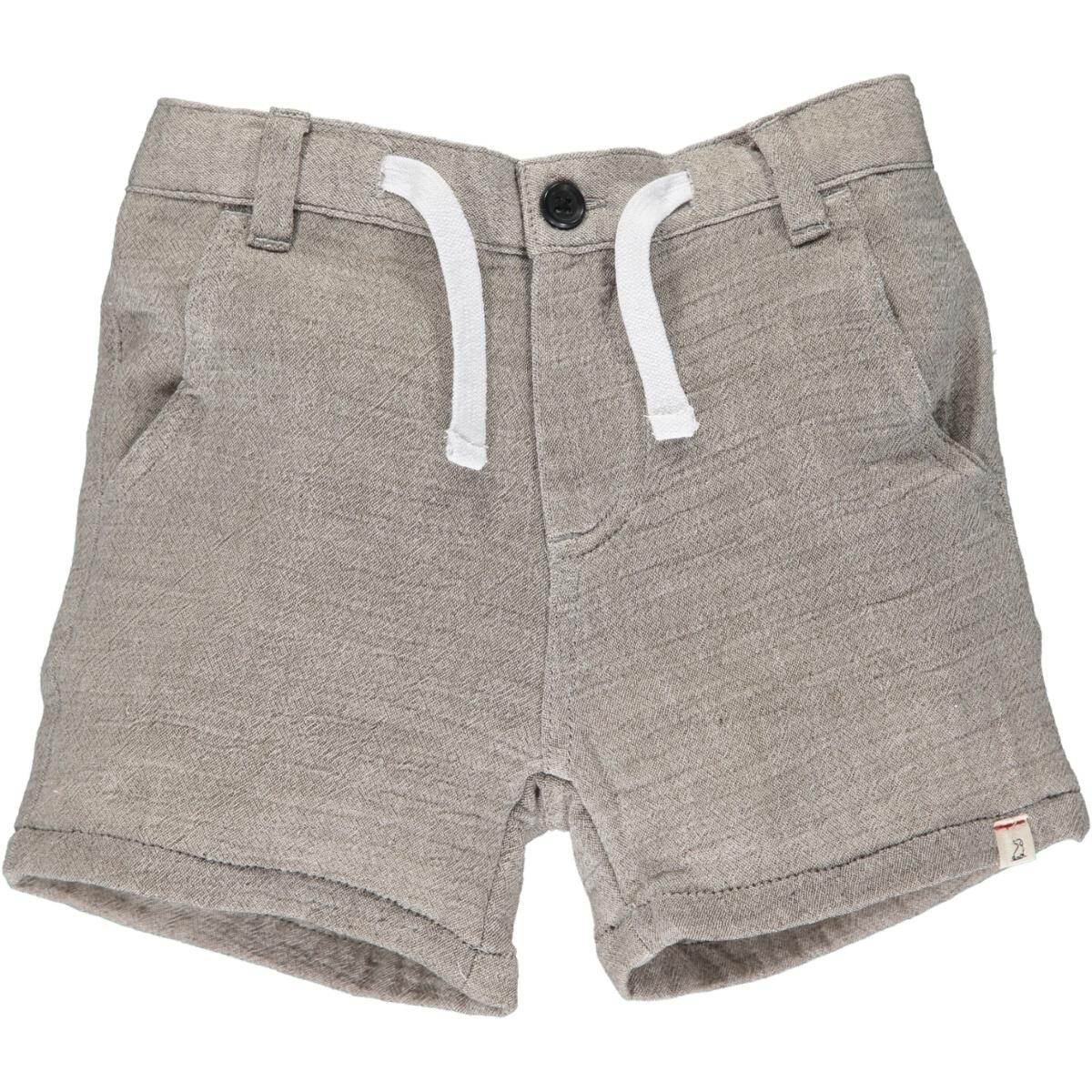 Brown gauze shorts with elasticated waist and pockets, featuring a fake tie cord.