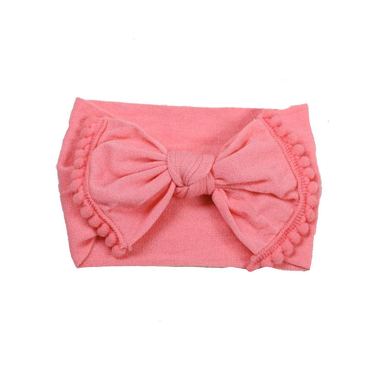 Pom Pom Nylon Baby Headband with Bow and Trim