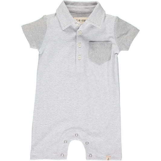 Grey & White Micro Stripe Polo Romper