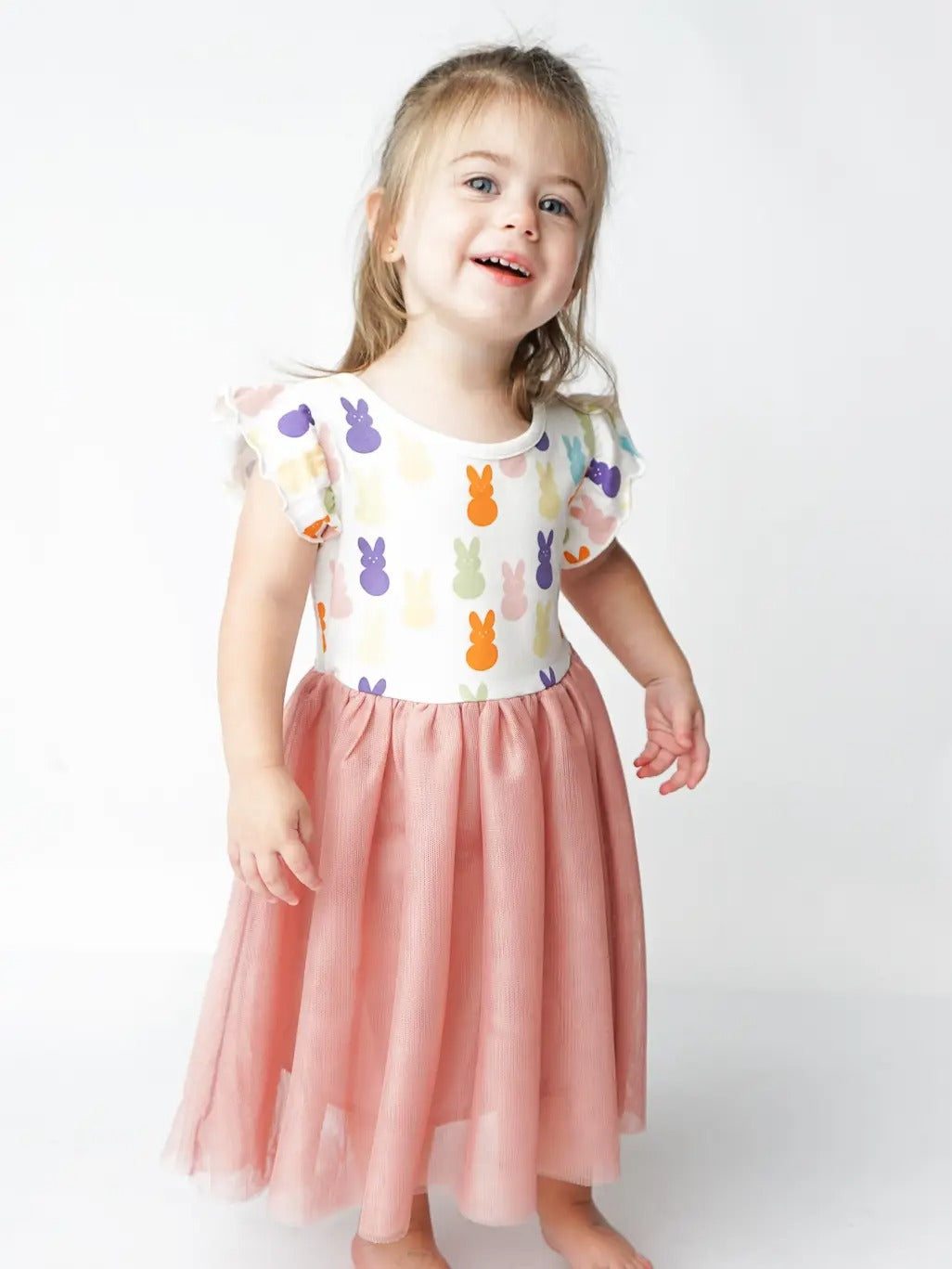 Emerson and Friends Peeps Easter Bunny Tulle Twirl Baby Dress with layered skirt and unique bunny print.