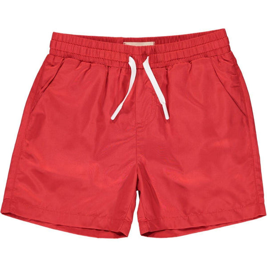 Red Swim Shorts for boys, 100% cotton, vibrant red with net lining, perfect for pool or beach.