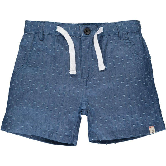 Textured chambray shorts with elasticated waist and tie cord.