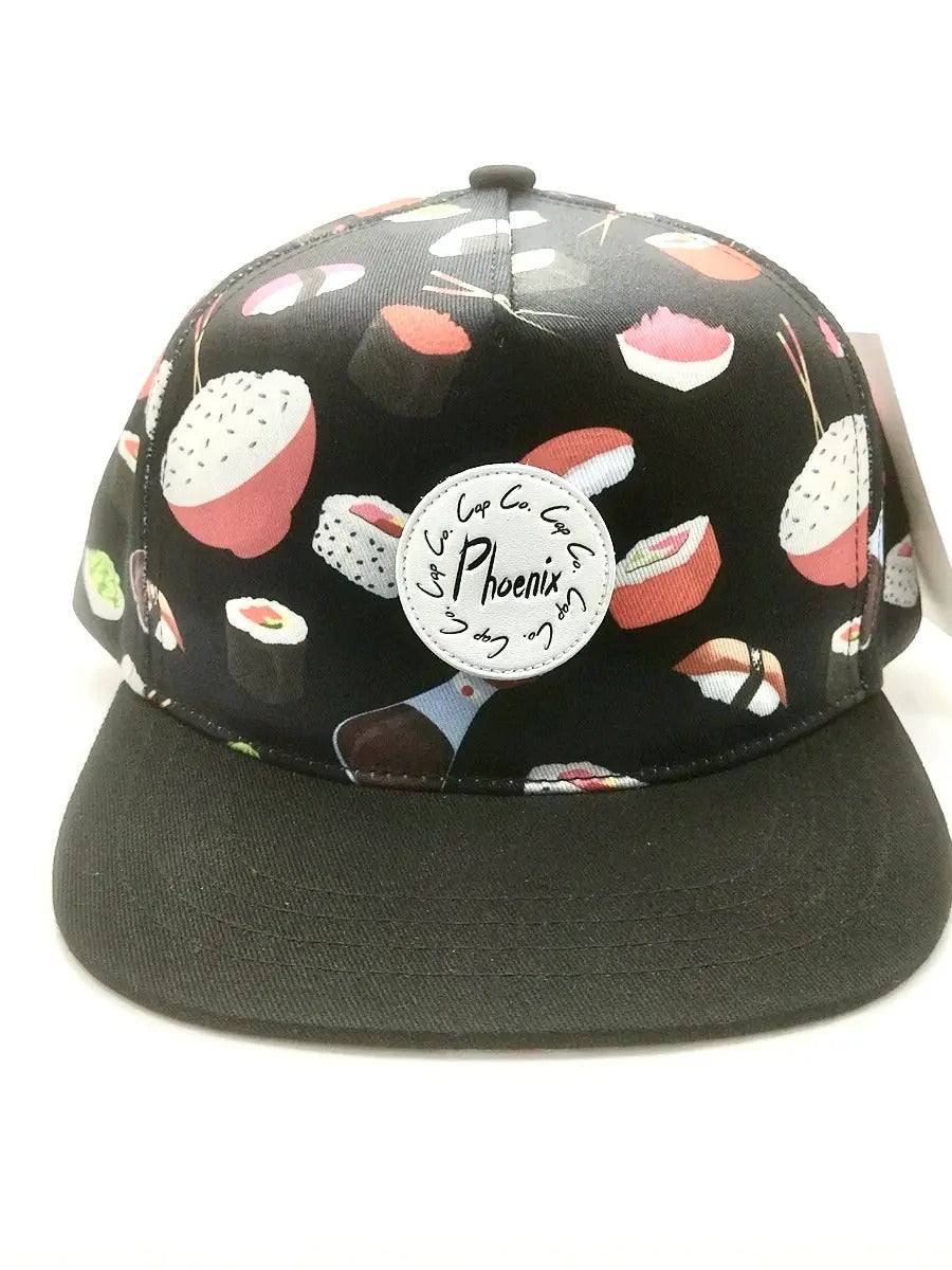 Phoenix Cap Co Wok and Roll Hat with sushi design and white leather logo patch.