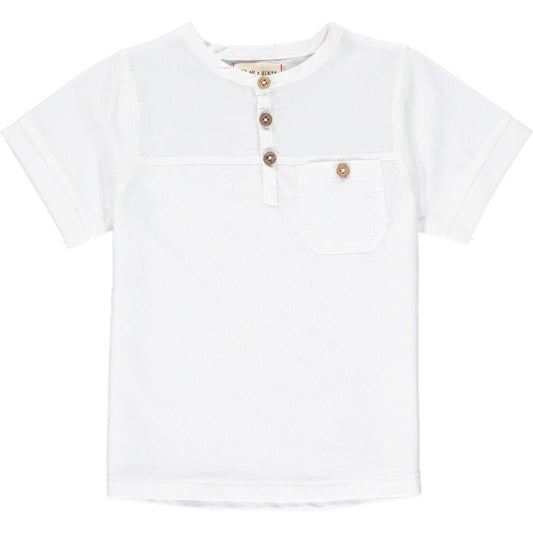 White Pique Henley shirt by Me & Henry, soft breathable cotton, relaxed fit.