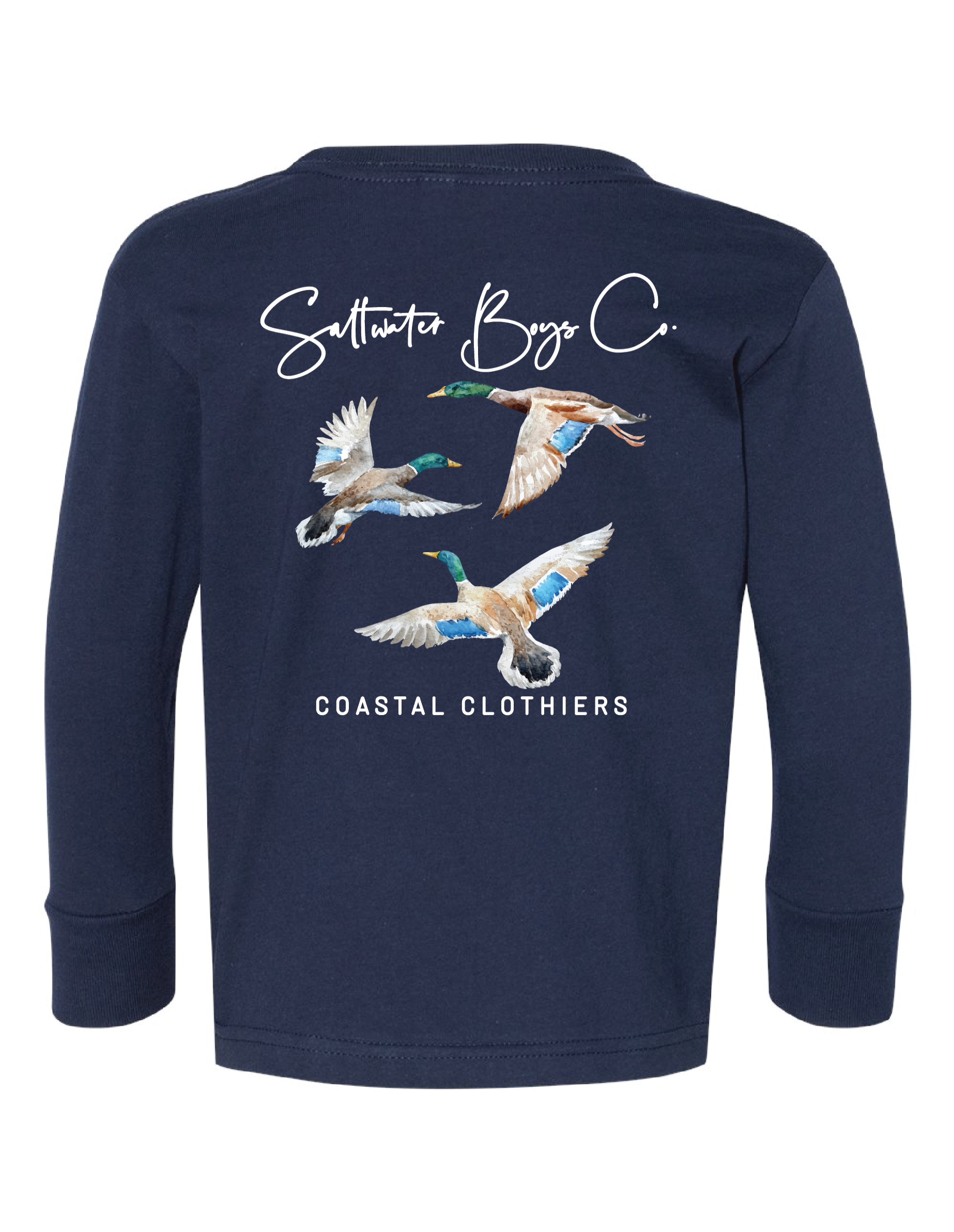 Navy long sleeve tee with watercolor mallard design by Saltwater Boys Company.