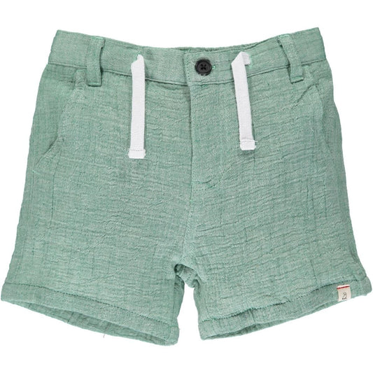 Green gauze shorts with elastic waist and white tie cord, made from 100% cotton.